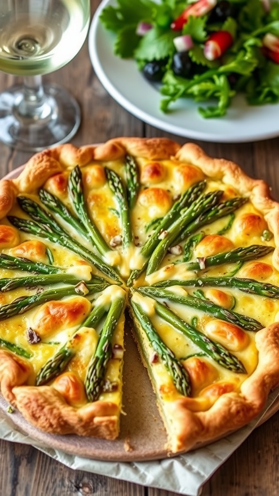 A savory asparagus and cheese quiche with a golden crust and fresh asparagus slices on a rustic table, served with a salad.